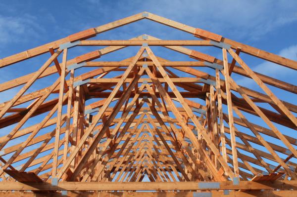 Charpentiers assemblant une ossature bois pour maison écologique